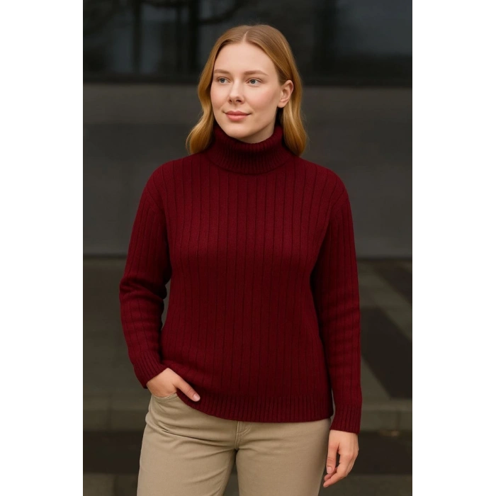 Balıkcı Yaka Bağazlı Triko Kazak Pamuklu Kalın Fitilli Dokuma  Bordo