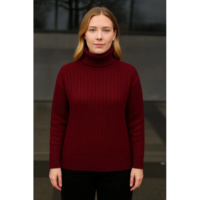 Balıkcı Yaka Bağazlı Triko Kazak Pamuklu Kalın Fitilli Dokuma  Bordo