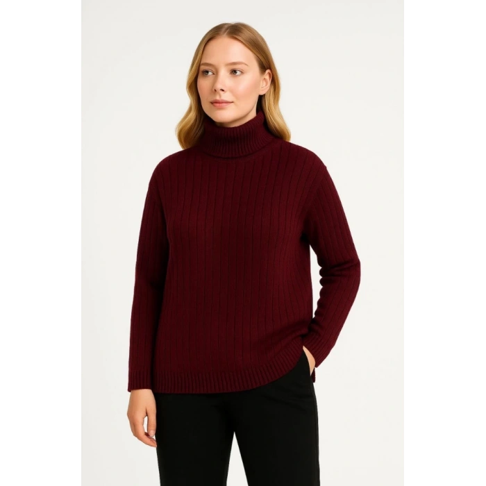 Balıkcı Yaka Bağazlı Triko Kazak Pamuklu Kalın Fitilli Dokuma  Bordo