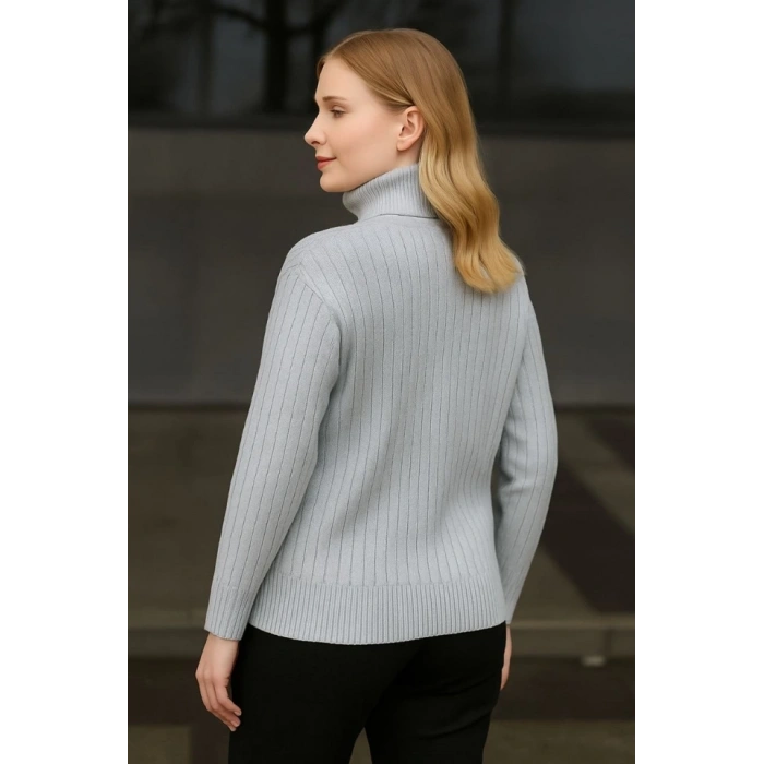 Balıkcı Yaka Bağazlı Triko Kazak Pamuklu Kalın Fitilli Dokuma  Gri