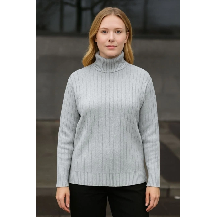 Balıkcı Yaka Bağazlı Triko Kazak Pamuklu Kalın Fitilli Dokuma  Gri