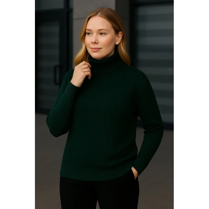 Balıkcı Yaka Bağazlı Triko Kazak Pamuklu Kalın Fitilli Dokuma  Haki