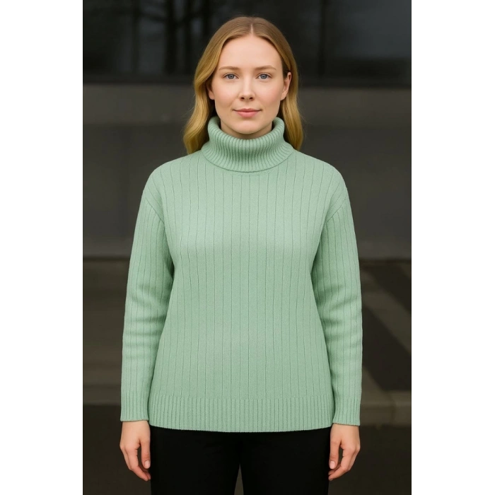 Balıkcı Yaka Bağazlı Triko Kazak Pamuklu Kalın Fitilli Dokuma  int Yeşili