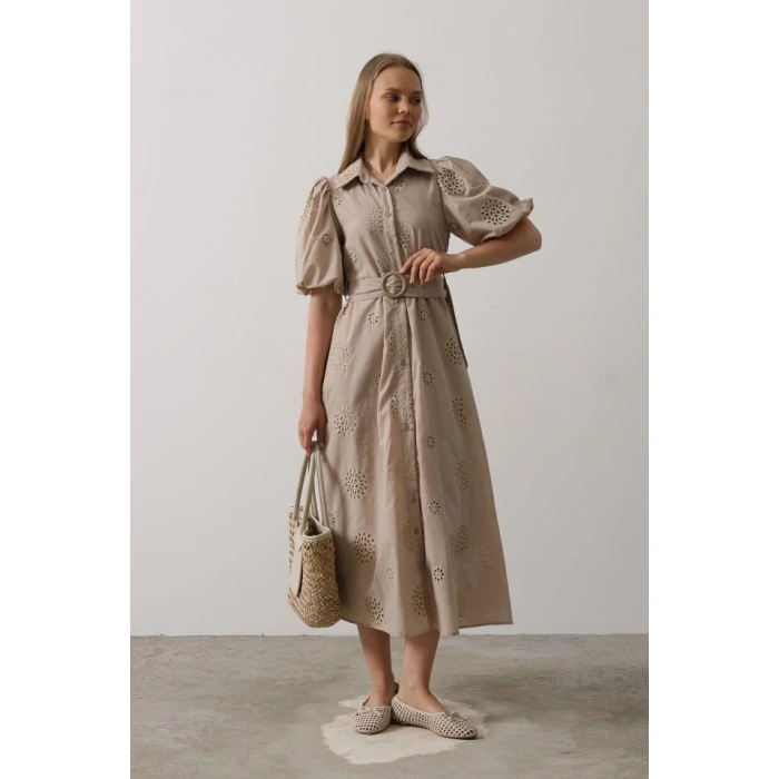 Balon Kol Kemerli Brode Elbise  Taş