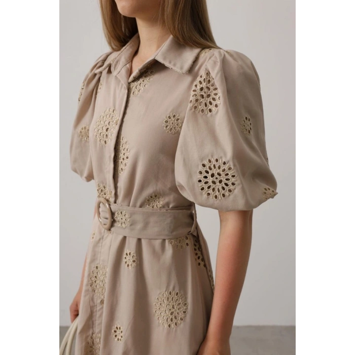 Balon Kol Kemerli Brode Elbise  Taş