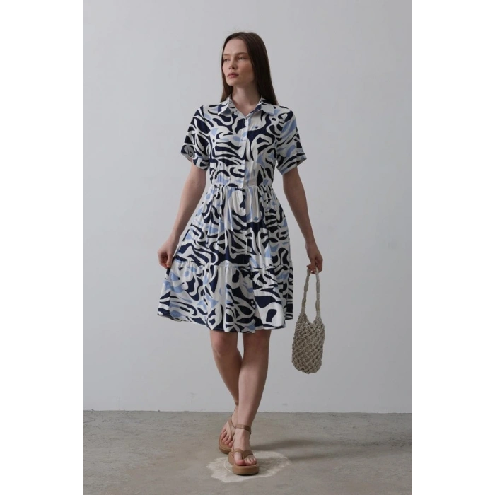 Baskılı Keten Elbise  Lacivert