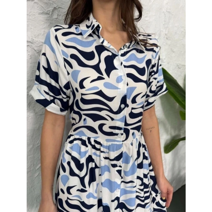 Baskılı Keten Elbise  Lacivert