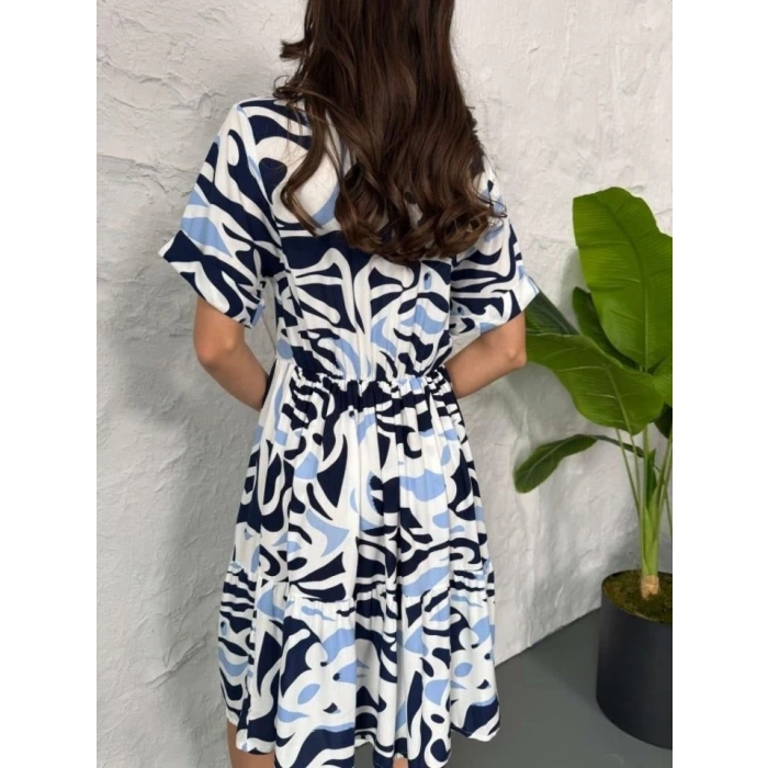 Baskılı Keten Elbise  Lacivert