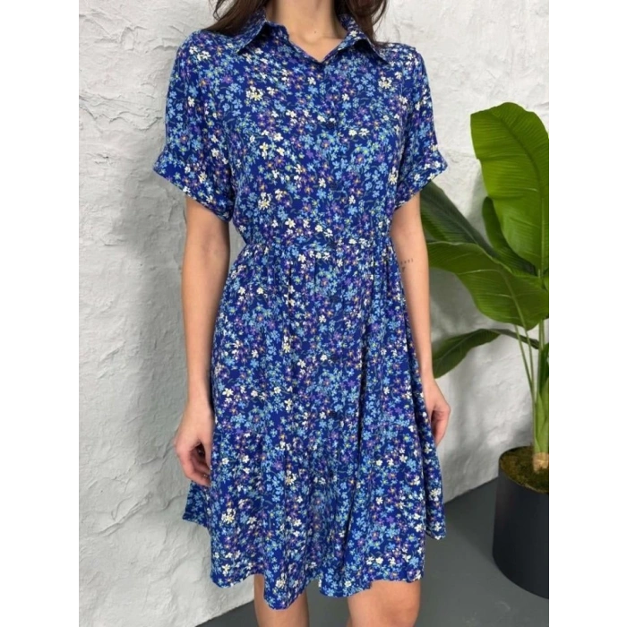 Baskılı Keten Elbise  LacivertBeyaz