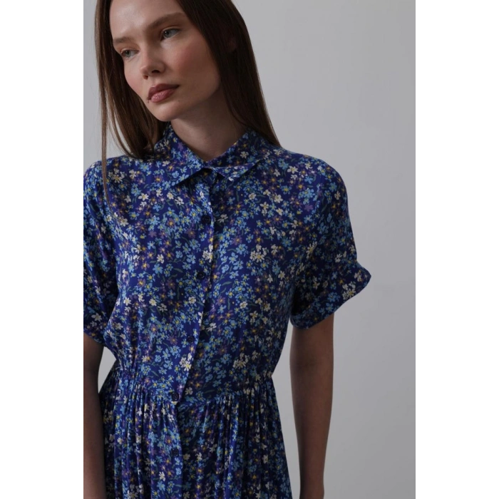 Baskılı Keten Elbise  LacivertBeyaz