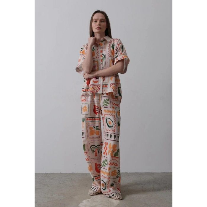 Baskılı Kısa Kol Pantolon Takım  TaşOranj