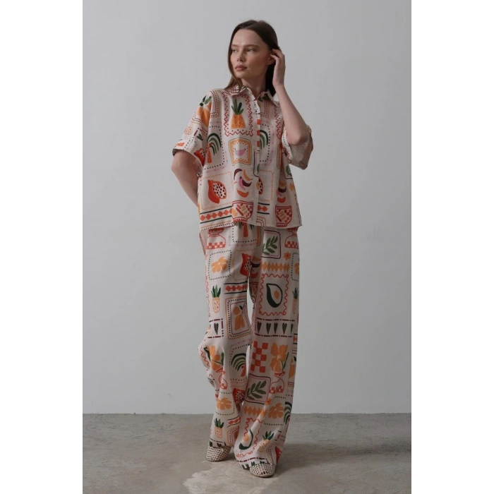 Baskılı Kısa Kol Pantolon Takım  TaşOranj