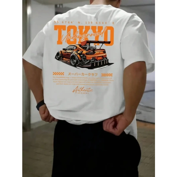 Baskılı Oversize Bisiklet Yaka Tshirt  Beyaz