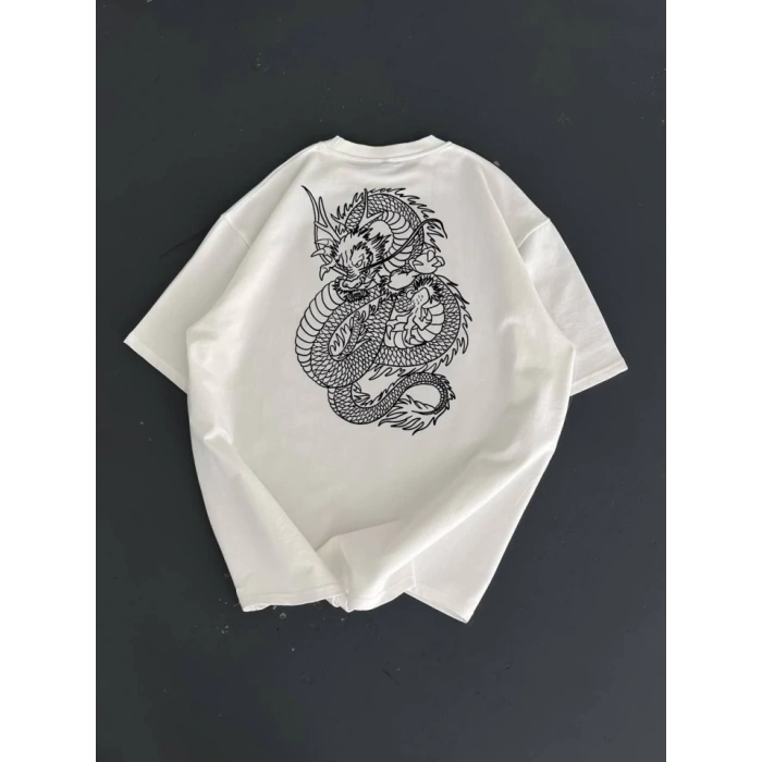 Baskılı Oversize Bisiklet Yaka Tshirt  Beyaz