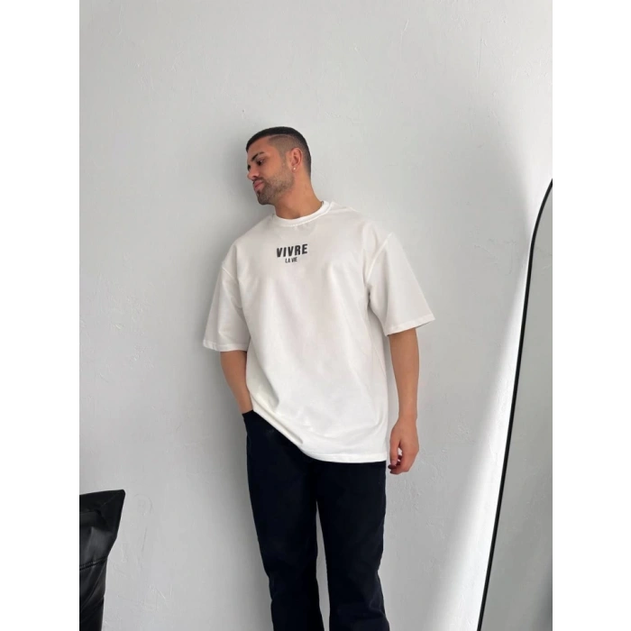 Baskılı Oversize Bisiklet Yaka Tshirt  Beyaz