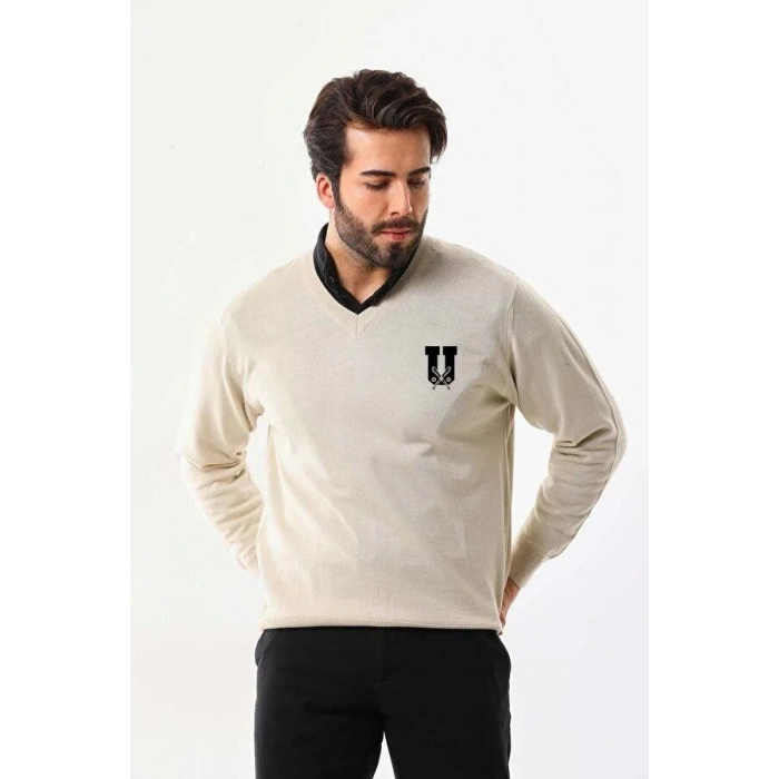 Baskılı V Yaka Uzun Kol Dokuma Triko  Bej