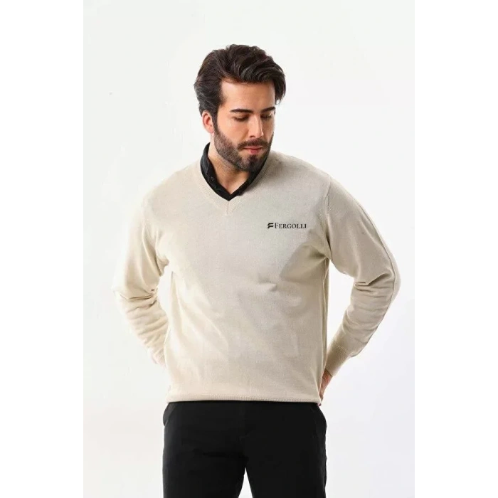 Baskılı V Yaka Uzun Kol Dokuma Triko  Bej