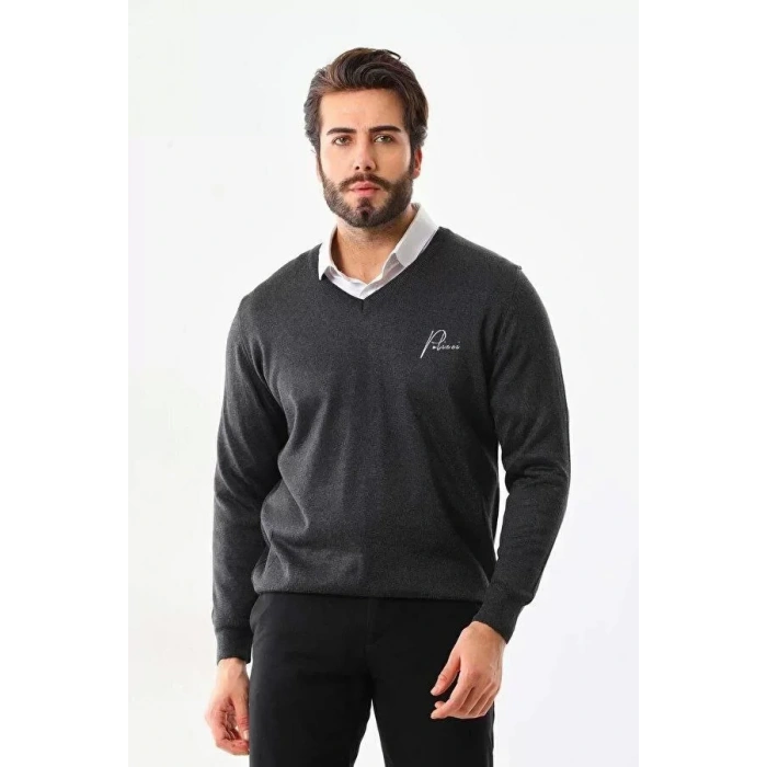 Baskılı V Yaka Uzun Kol Dokuma Triko  Füme