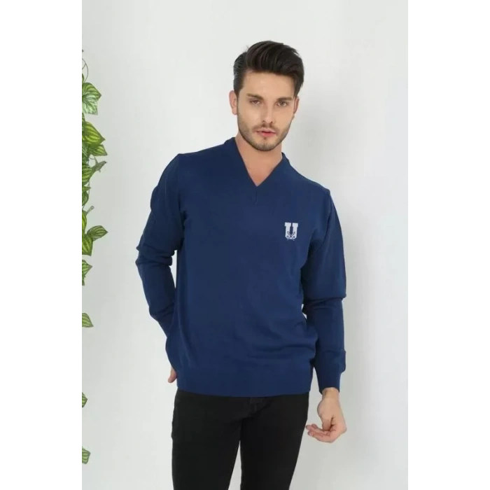 Baskılı V Yaka Uzun Kol Dokuma Triko  Indigo
