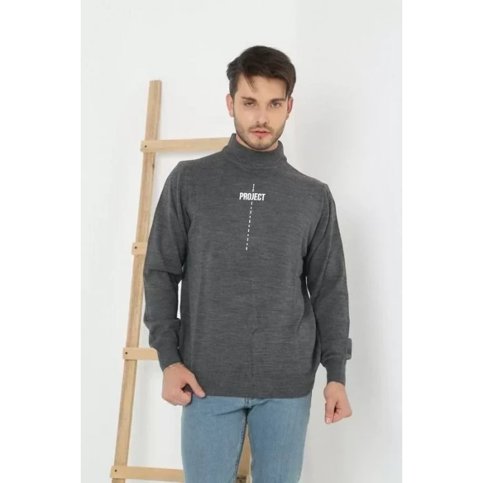 Baskılı Yarım Boğazlı Uzun Kol Dokuma Triko  Füme