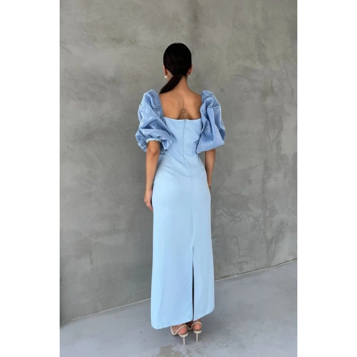 Bebe Mavi İşlemeli Kolu Garnili Elbise