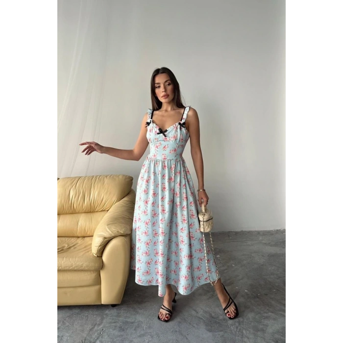 Bebe Mavi Önü Fiyonklu Çiçekli Elbise