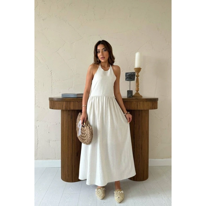 Bej Arkası Gipeli Keten Elbise