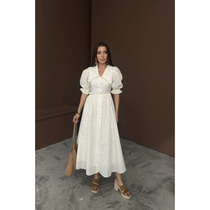 Bej Bebe Yaka Balon Kollu Brode Elbise