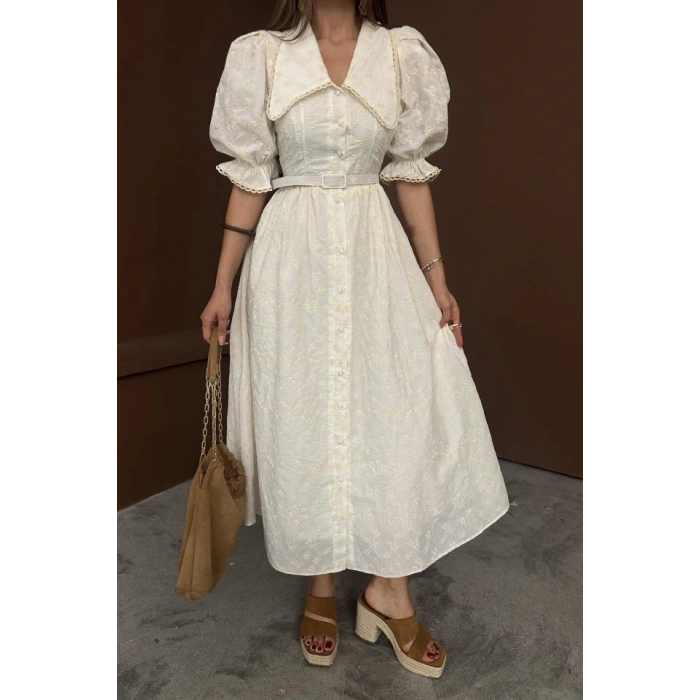 Bej Bebe Yaka Balon Kollu Brode Elbise