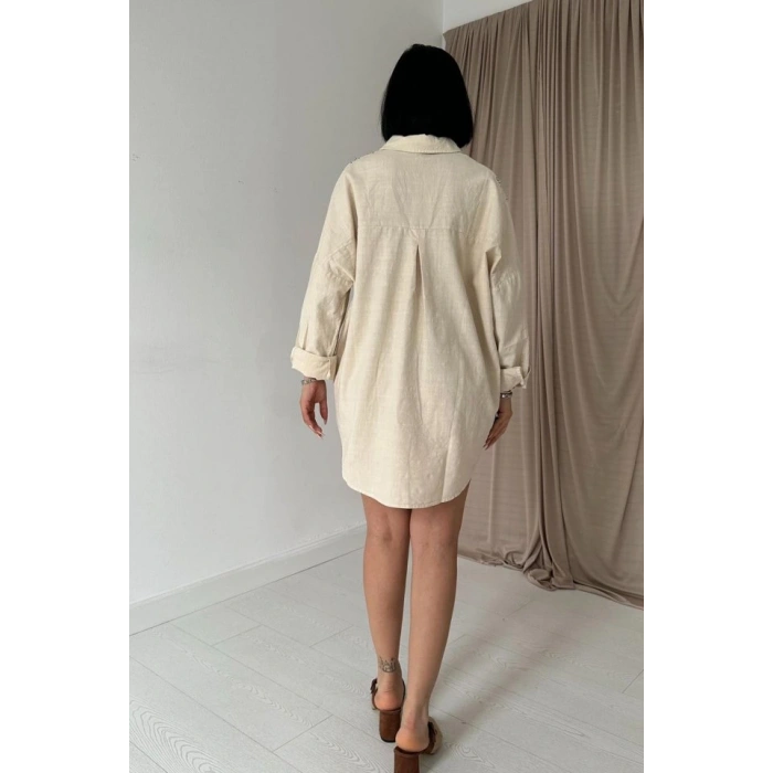 Bej Boyamalı Keten Baskılı Taşlı Gömlek