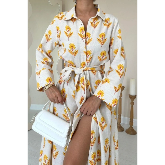 Bej Desenli Ve Önü Düğmeli Keten Elbise