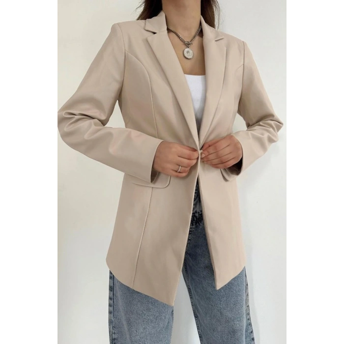 Bej Düğmeli Deri Ceket