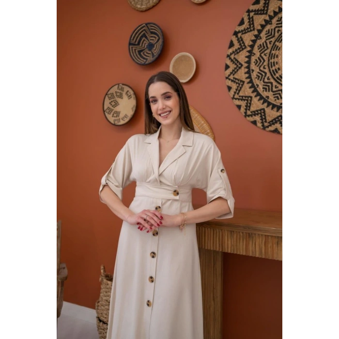 Bej Düğmeli Keten Elbise