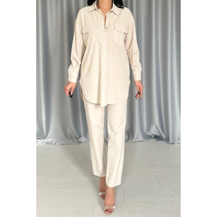 Bej Gömlek Ve Çıtçıtlı Pantolon Takım