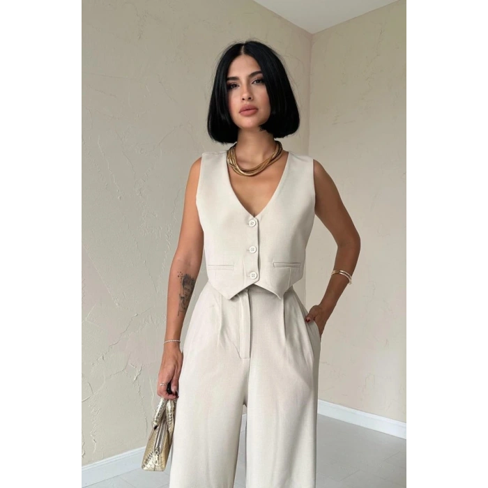 Bej Klas Ceket Ve Yelek Ve Pantolon Takım