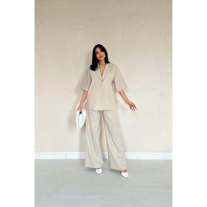 Bej Önü Tek Düğmeli Ceket Pantolon Takım