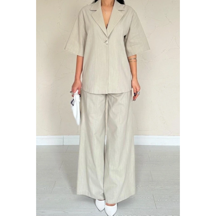 Bej Önü Tek Düğmeli Ceket Pantolon Takım