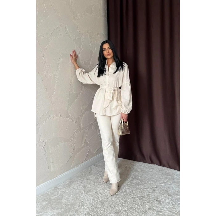 Bej Petek Jakar Kumaşlı Gömlek