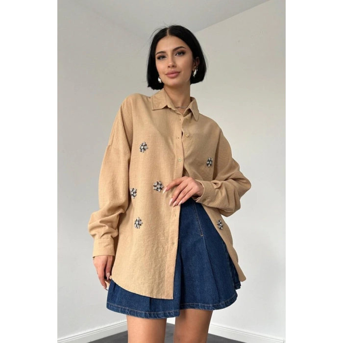 Bej Taş İşlemeli Gömlek