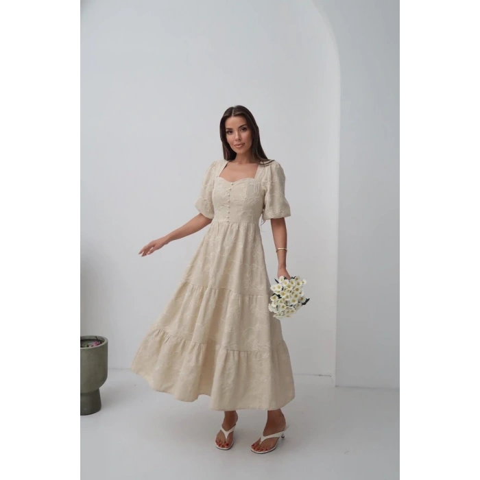 Bej üs Düğmeli Balon Kollu Elbise