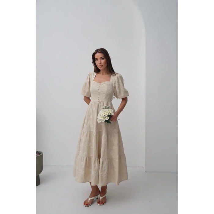 Bej üs Düğmeli Balon Kollu Elbise