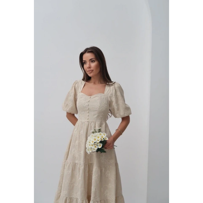 Bej üs Düğmeli Balon Kollu Elbise