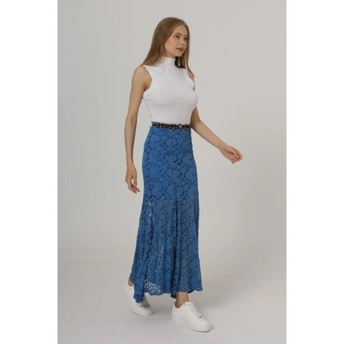 Bel Lastikli Dantel Etek  Mavi