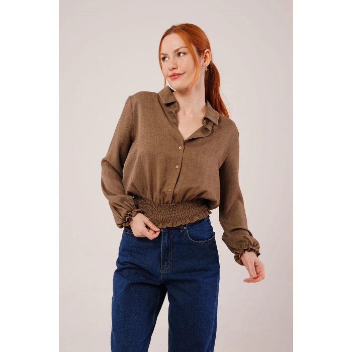 Bel Ve Bilek Lastikli Kahverengi Bluz