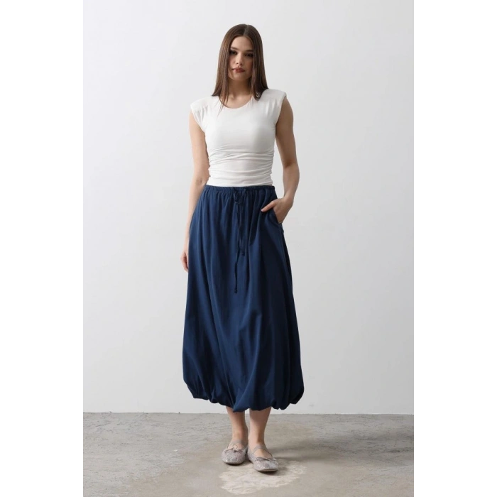 Beli Bağlamalı Balon Etek  İndigo