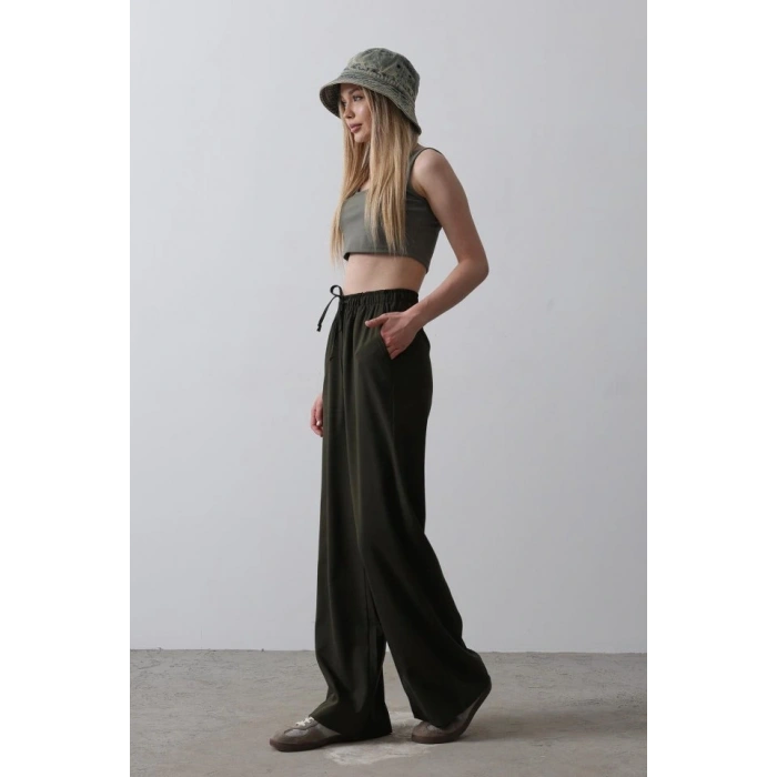 Beli Lastikli Bol Paça Pantolon  Koyu Haki