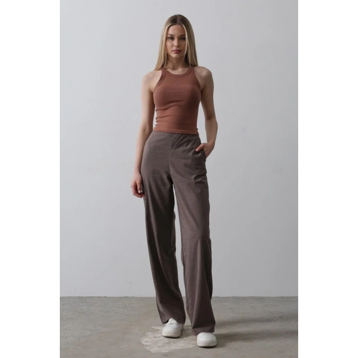 Beli Yarım Lastikli Palazzo Pantolon  Kahve