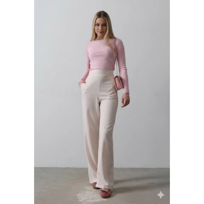 Beli Yarım Lastikli Palazzo Pantolon  Pudra