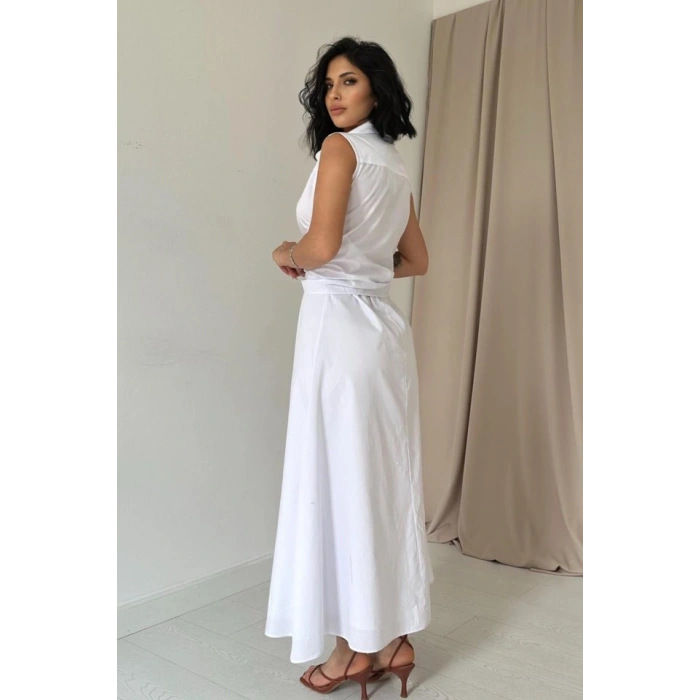 Beyaz Gömlek Yaka Bağlamalı Elbise