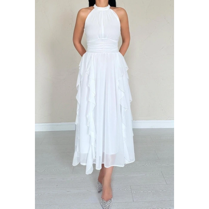 Beyaz Önü Büzgülü Fırfırlı Elbise